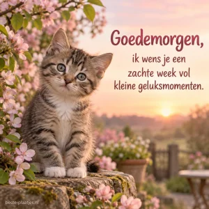 Een gestreept katje zit tussen roze bloesems bij zonsopkomst.