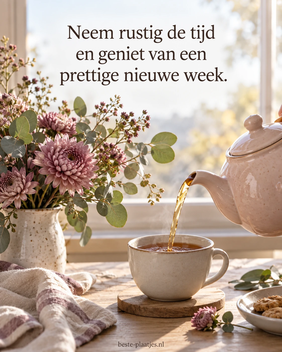 Een roze theepot schenkt thee naast mauve chrysanten bij het raam.