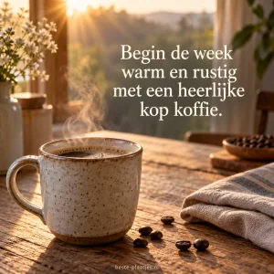 Een dampende koffiemok staat in warm ochtendlicht op een houten tafel.