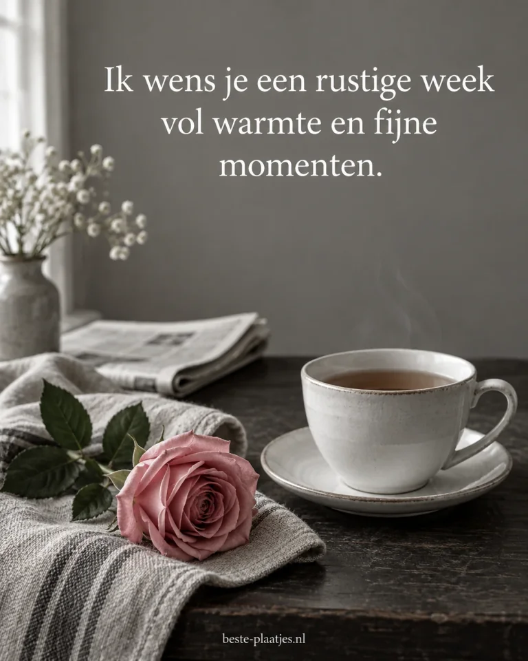 Een roze roos, witte theekop en krant vormen een rustige ochtend.