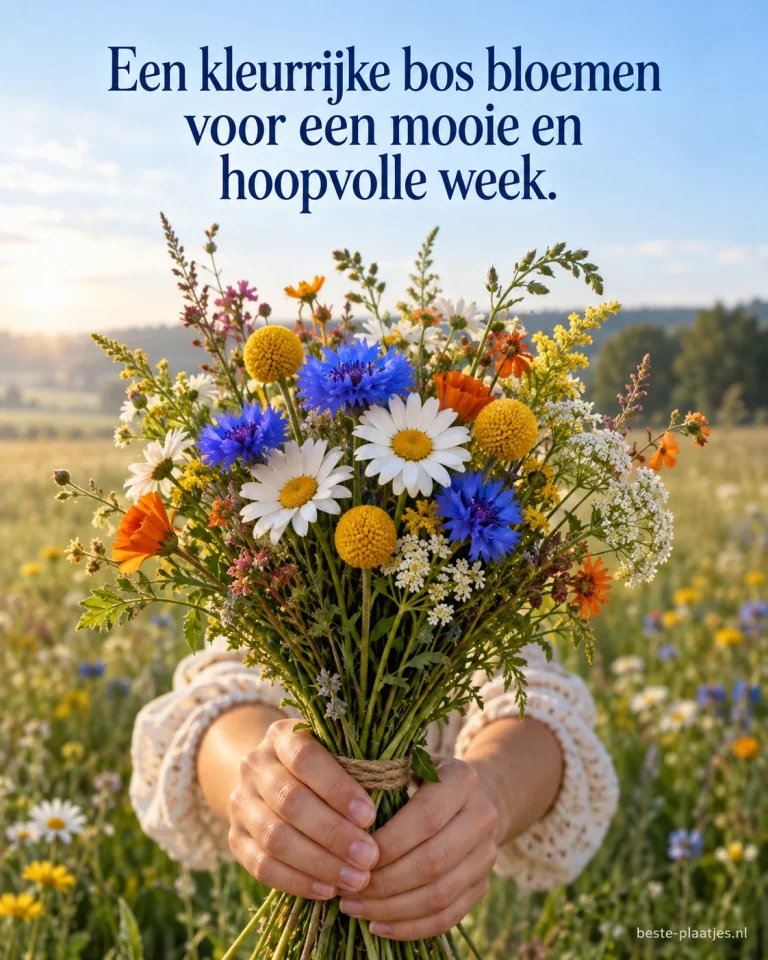 Twee handen bieden een kleurrijk veldboeket in een zonnige weide.