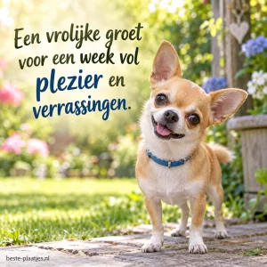 Een vrolijke chihuahua kijkt scheef in een zonnige bloementuin.