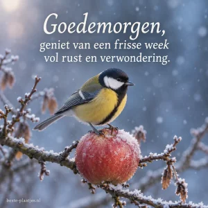 Een koolmeesje zit op een berijpte rode appel tijdens lichte sneeuw.