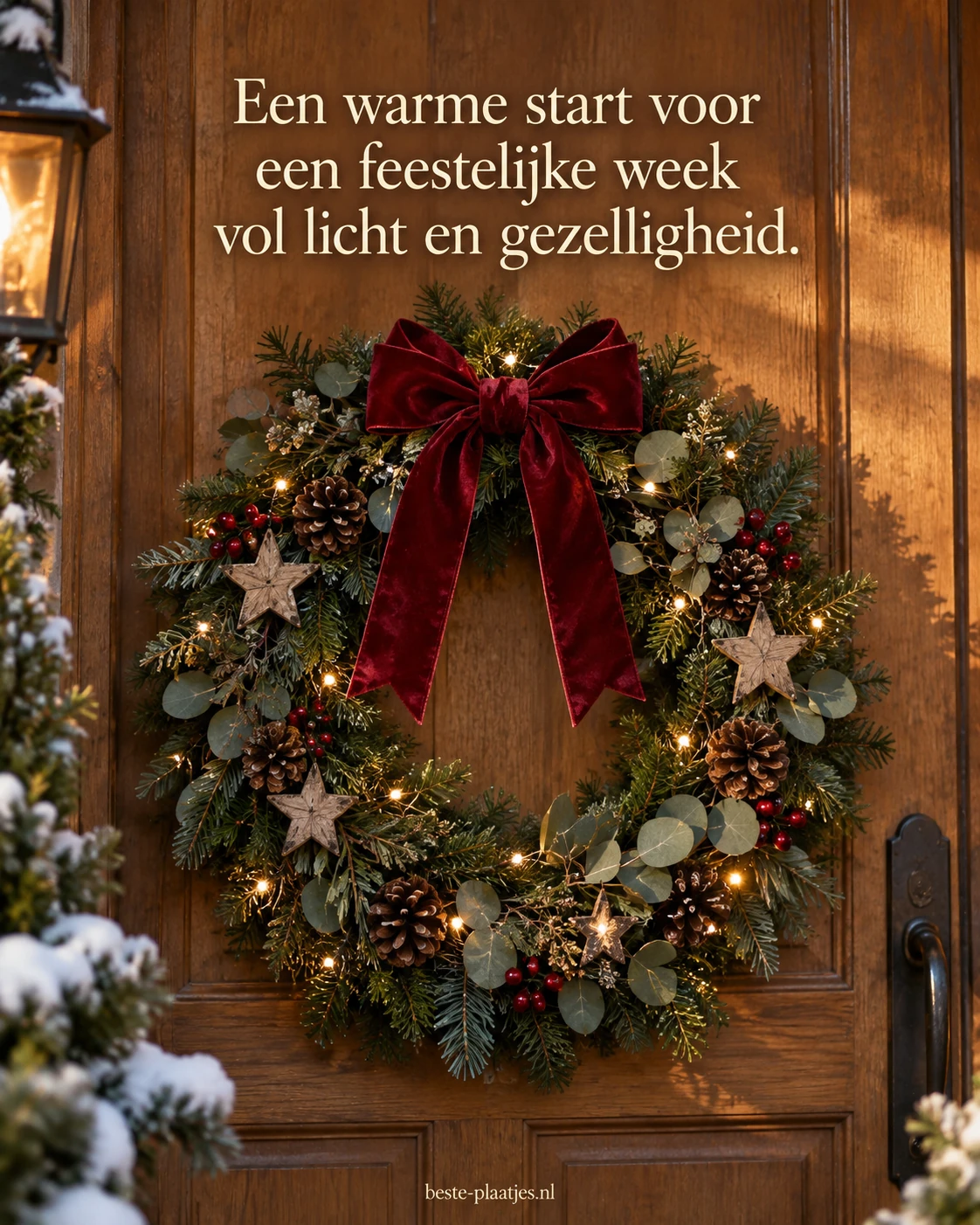 Een verlichte winterkrans met rode strik hangt op een houten deur.