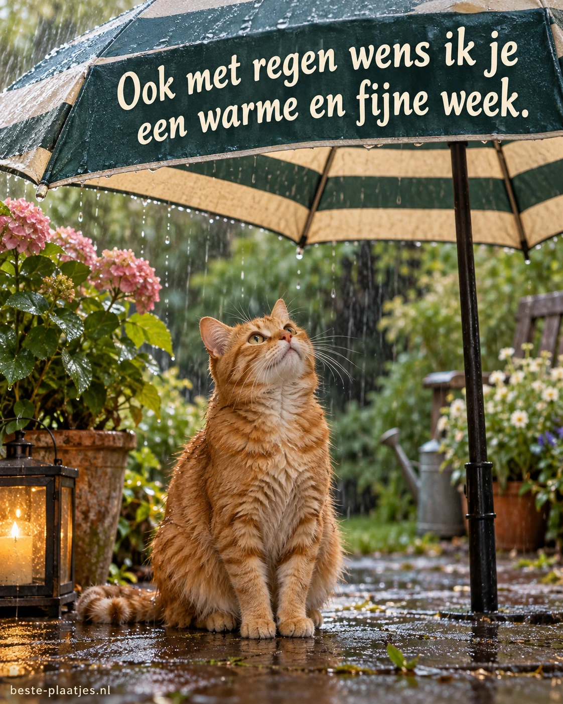 Een oranje kat zit onder een gestreepte parasol in de regen.