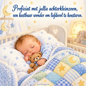 Een slapende baby knuffelt een beer onder een kleurrijke sterrenquilt.