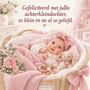 Een babymeisje ligt tussen roze dekens, bloemen en een knuffelkonijn.