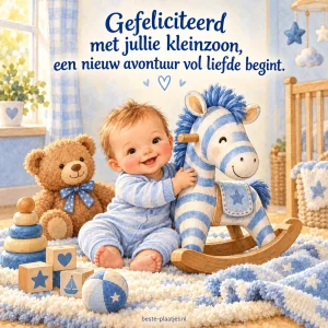 Een lachende baby zit bij een hobbelzebra, teddybeer en speelgoedblokken.