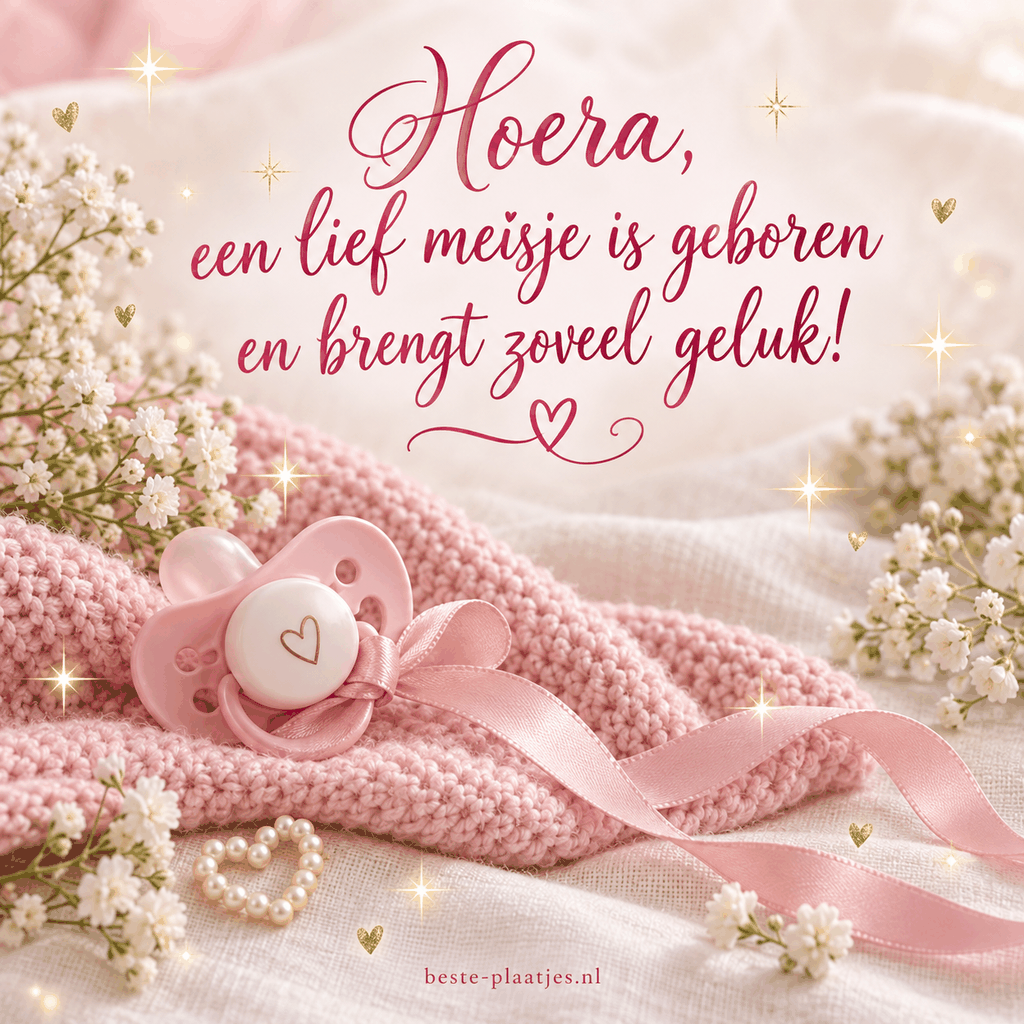 Een roze speen ligt op een gebreide deken tussen bloemen en lichtjes.