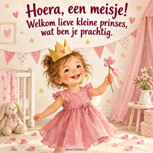 Een meisje met papieren kroon viert feest in een roze kinderkamer.