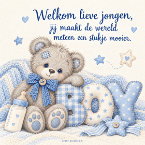 Een grijze teddybeer zit bij zachte BOY-letters en een babyfles.