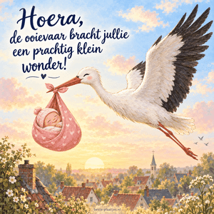 Een witte ooievaar vliegt bij zonsopgang met een lachende baby in een roze draagdoek.