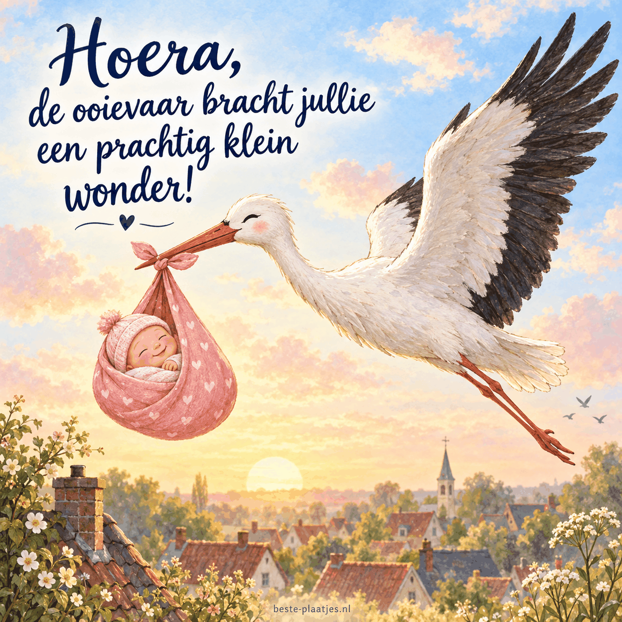 Een witte ooievaar vliegt bij zonsopgang met een lachende baby in een roze draagdoek.