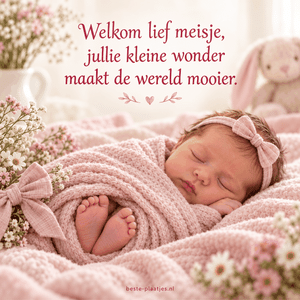 Een slapend meisje ligt tussen zachte dekens, kleine voetjes en fijne bloemen.