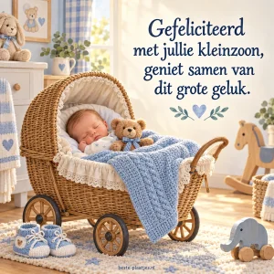 Een pasgeboren kleinzoon slaapt in een rieten kinderwagen naast een teddybeer.