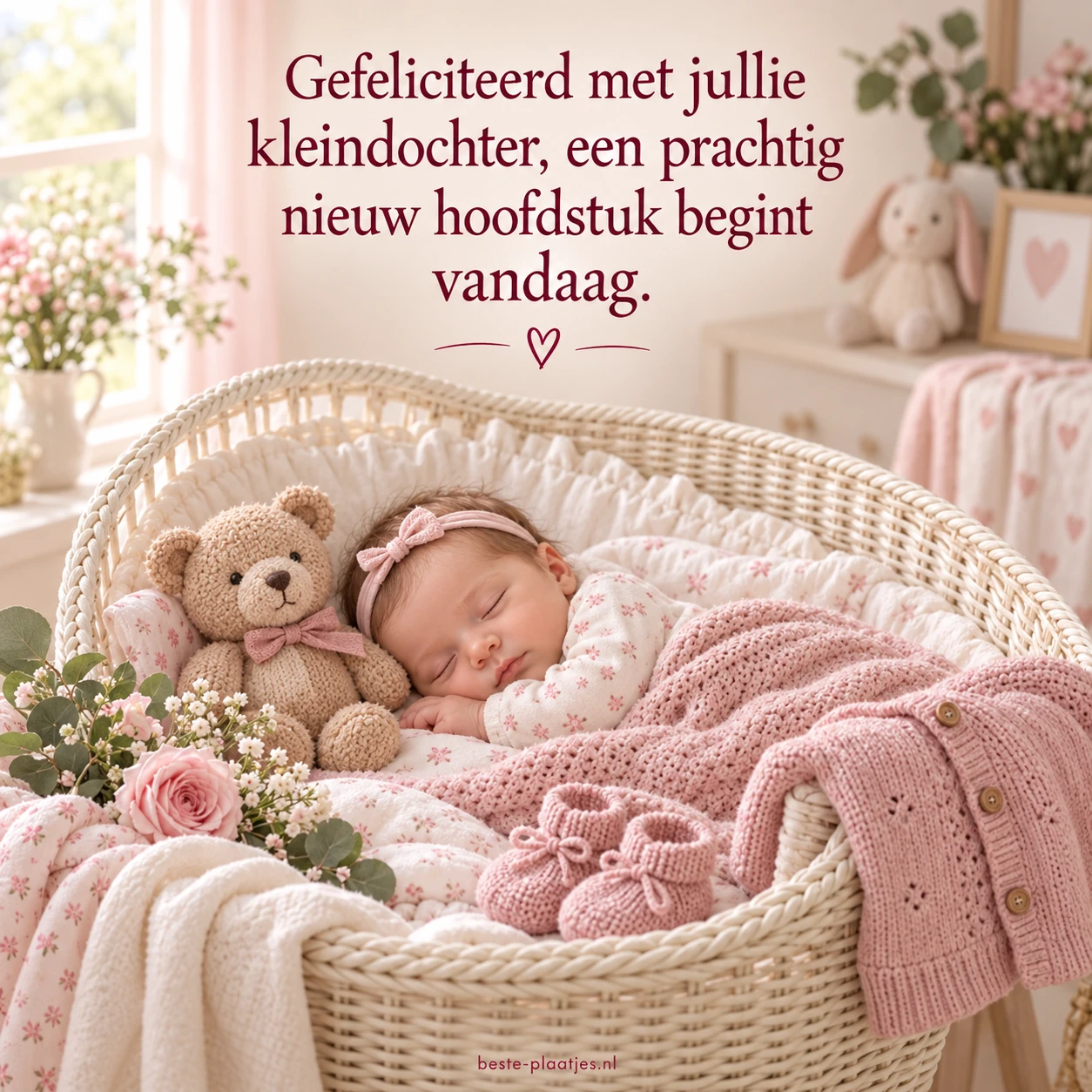 Een pasgeboren kleindochter rust in een roze wieg met bloemen en knuffels.