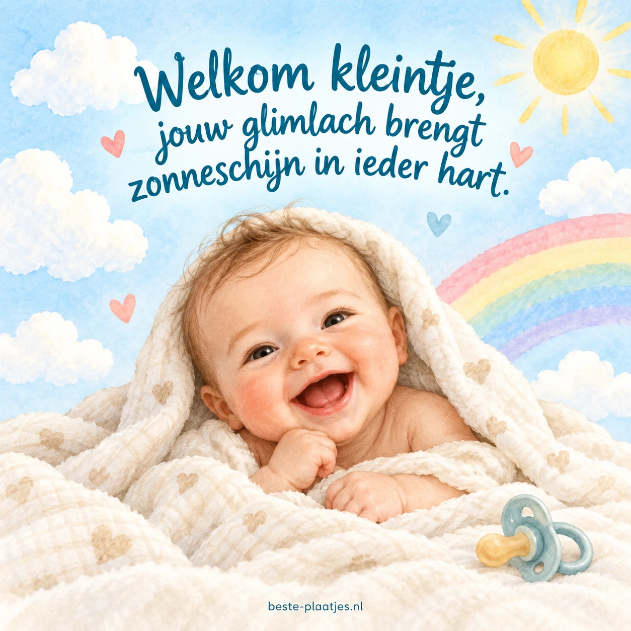 Een lachende baby ligt onder een zachte regenboog tussen wolkjes.