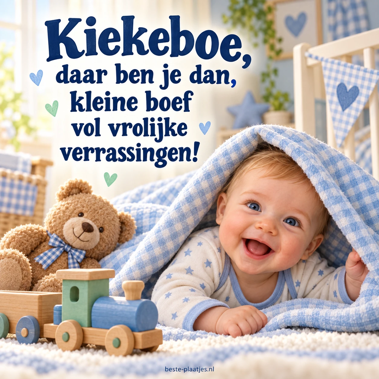 Een vrolijke babyjongen kijkt onder een blauwe deken vandaan bij houten speelgoed.