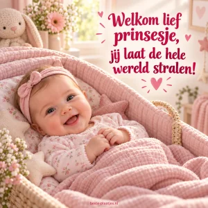 Een lief babymeisje ligt wakker in een roze wieg tussen bloemen.