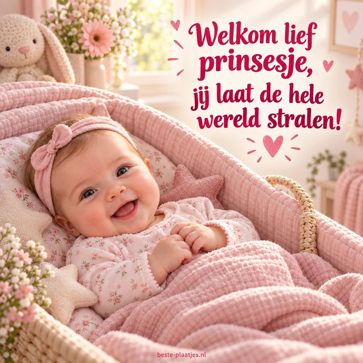 Een lief babymeisje ligt wakker in een roze wieg tussen bloemen.