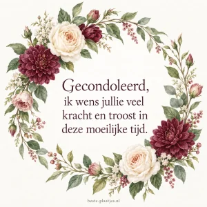 Een ingetogen krans van witte en bordeauxrode bloemen omringt de boodschap.