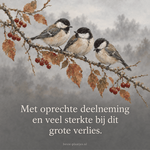 Drie kleine vogels rusten tussen herfstbladeren en rode bessen in een stille natuurscène.