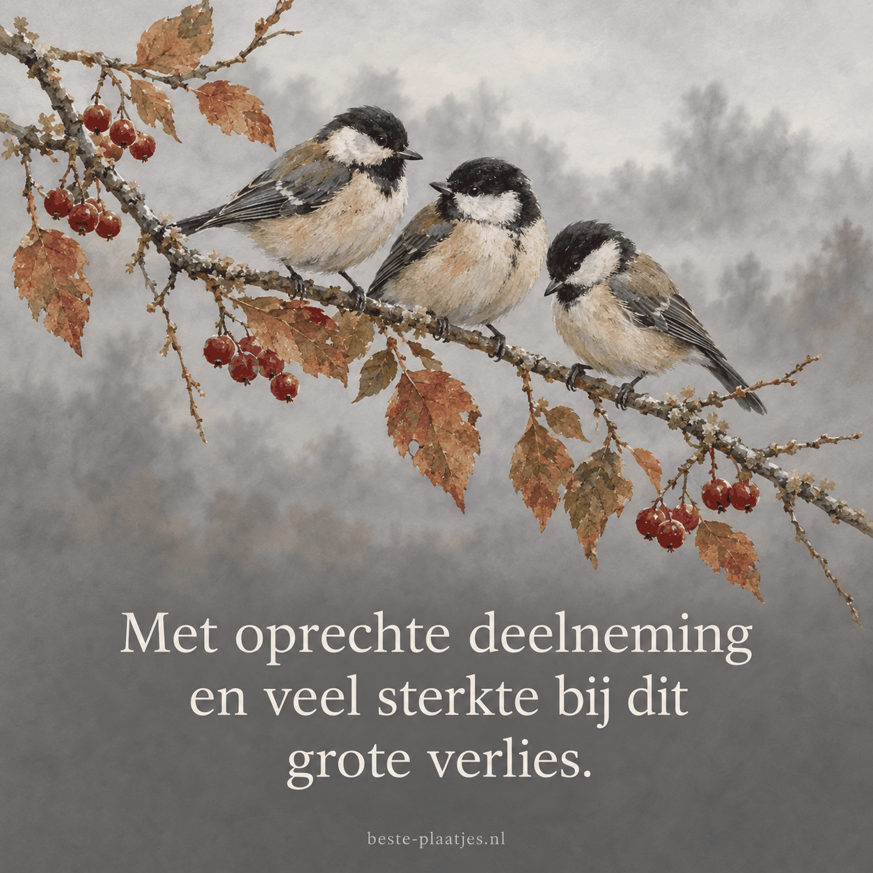Drie kleine vogels rusten tussen herfstbladeren en rode bessen in een stille natuurscène.