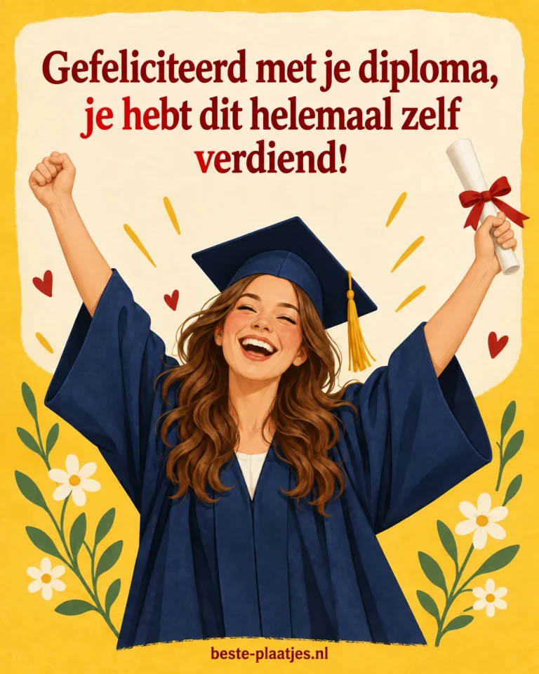 Een lachende afgestudeerde heft haar armen en diploma omhoog tegen een gele achtergrond.