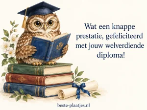 Een uil met afstudeerhoed en bril leest op een stapel boeken.