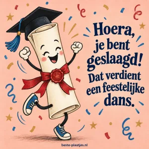 Een vrolijke diploma-rol met afstudeerhoed danst tussen confetti.