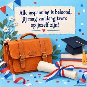 Een leren schooltas, diploma en afstudeerhoed liggen tussen feestlinten.
