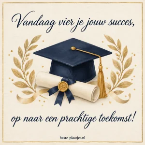 Een afstudeerhoed en diploma zijn omlijst met gouden lauriertakken.