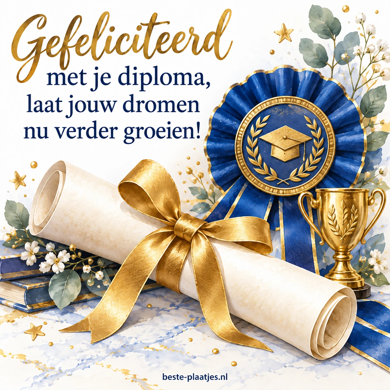 Een diploma-rol, blauwe rozet en gouden beker vieren het behalen van een diploma.