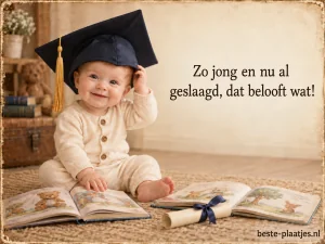 Een baby in een afstudeerhoed zit bij prentenboeken en een klein diploma.