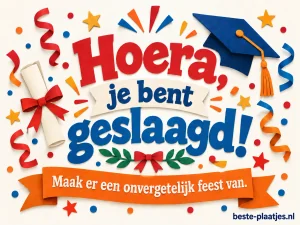 Kleurrijke feestletters, linten en een diploma vullen een vrolijke felicitatiekaart.