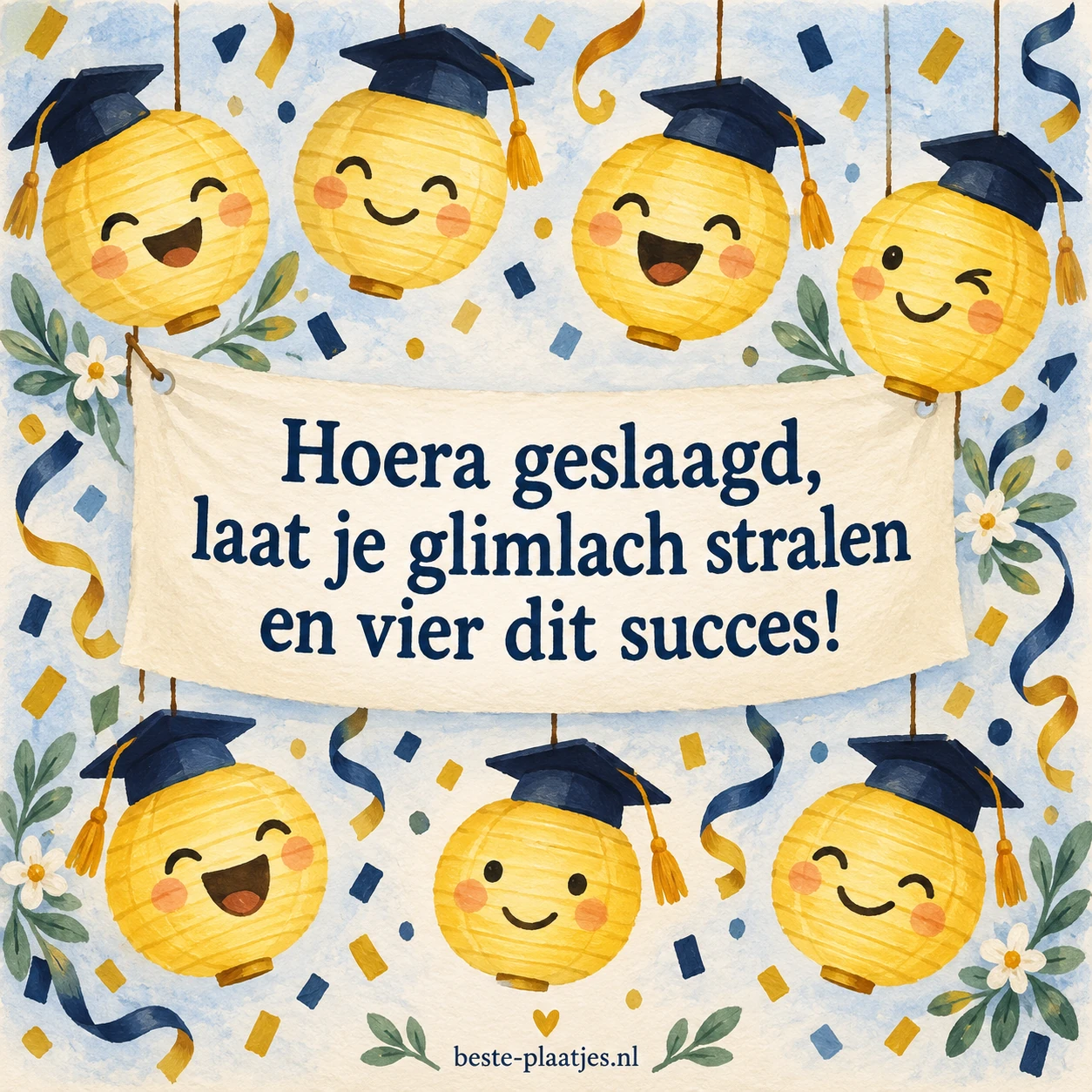 Gele lachende lampionnen met afstudeerhoedjes hangen tussen slingers en confetti.