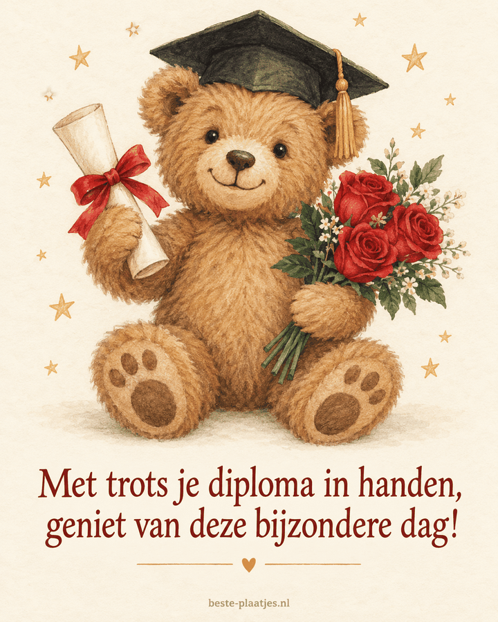 Een afstudeerbeer houdt een diploma en een bos rode rozen vast.