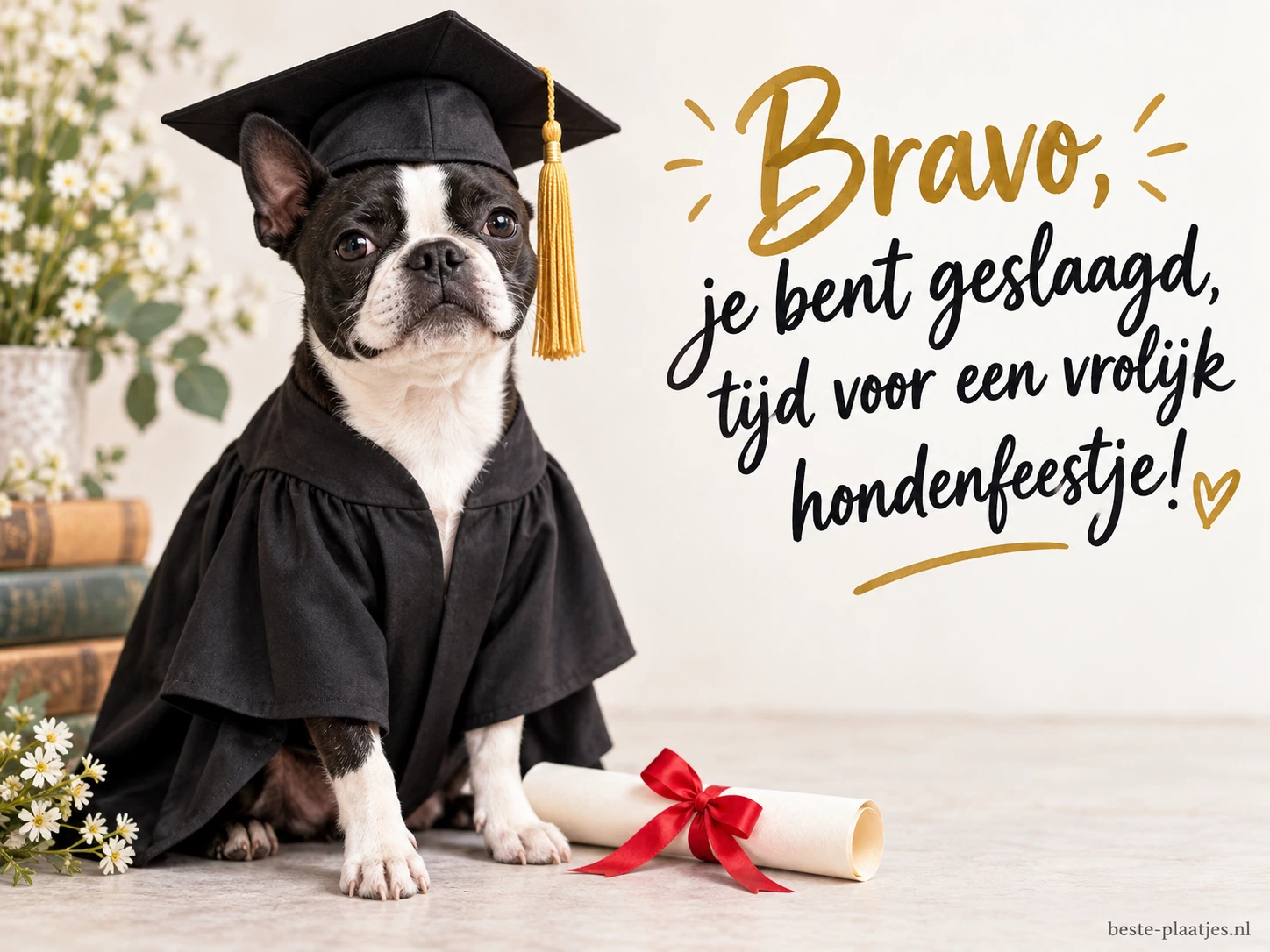 Een hond in toga zit trots naast een opgerold diploma.