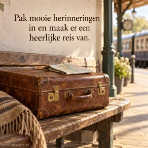 Een leren reiskoffer met kaart staat op een bankje bij het station.