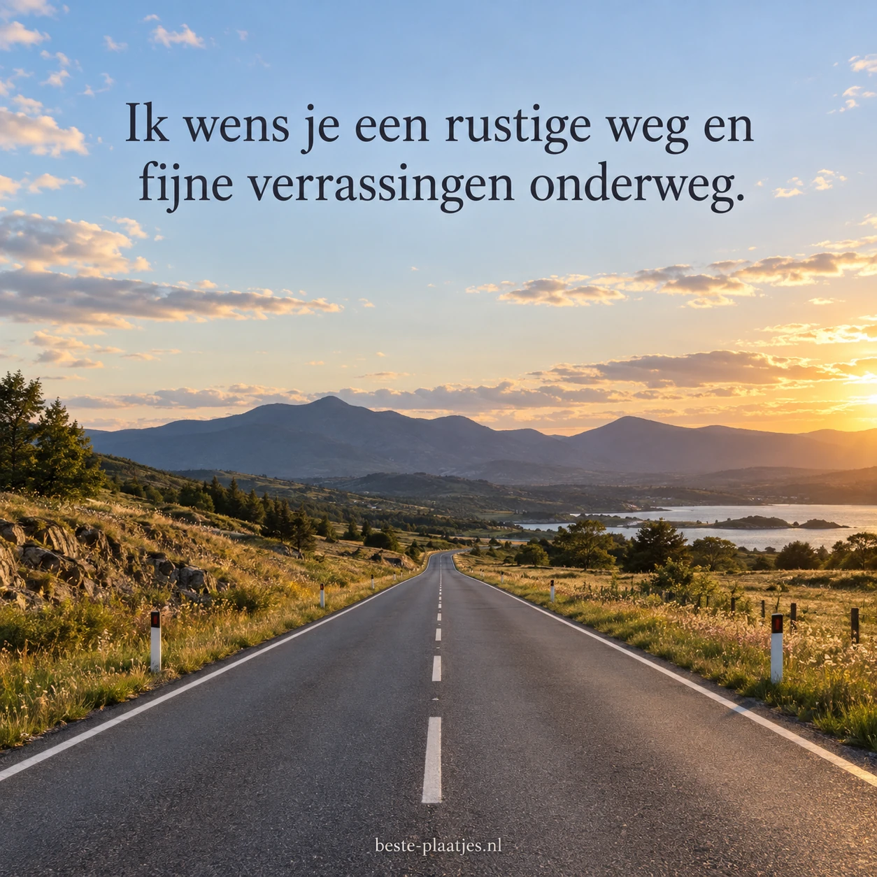 Een lege weg slingert door een weids landschap naar verre bergen.