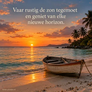 Een houten roeiboot rust op een tropisch strand bij zonsondergang.