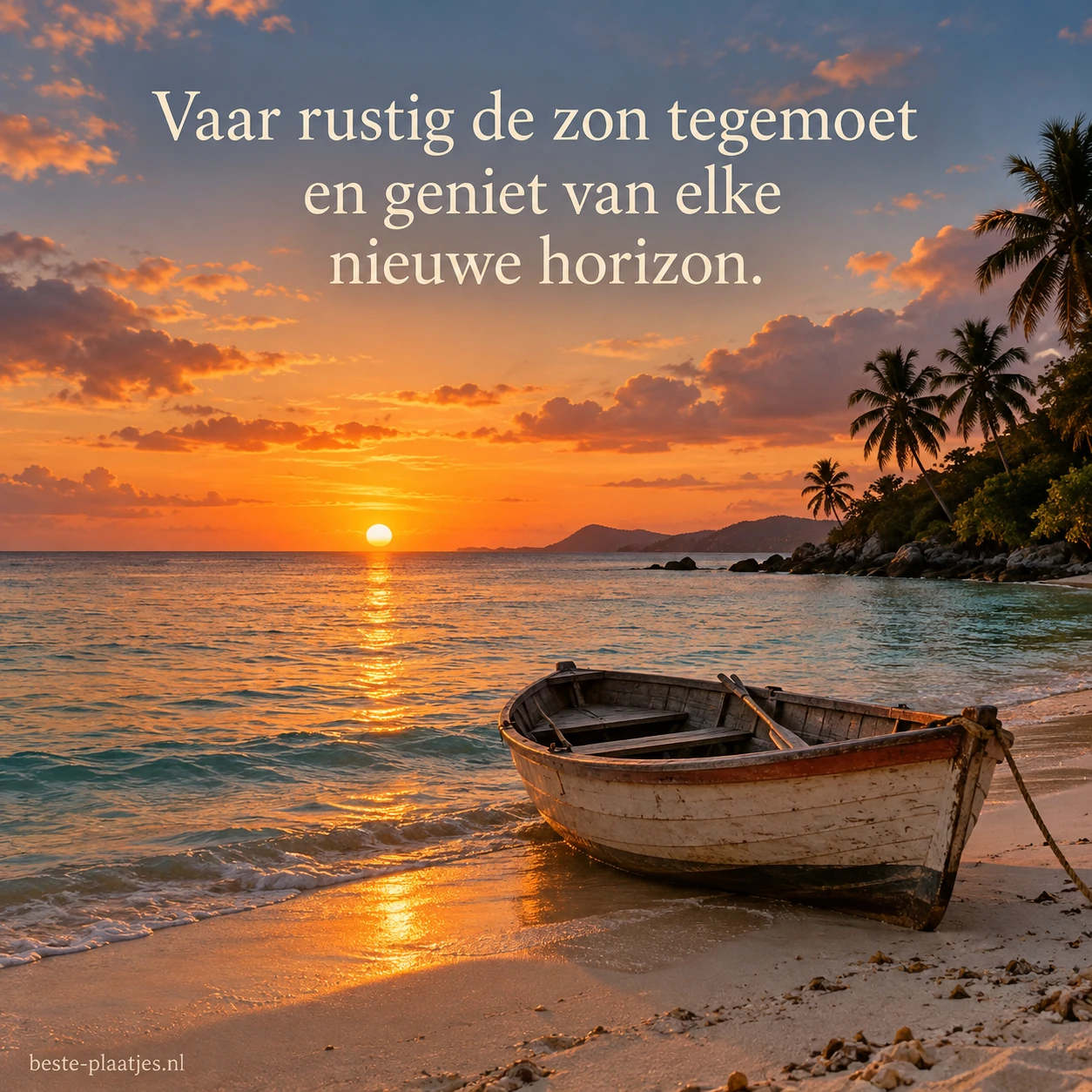 Een houten roeiboot rust op een tropisch strand bij zonsondergang.