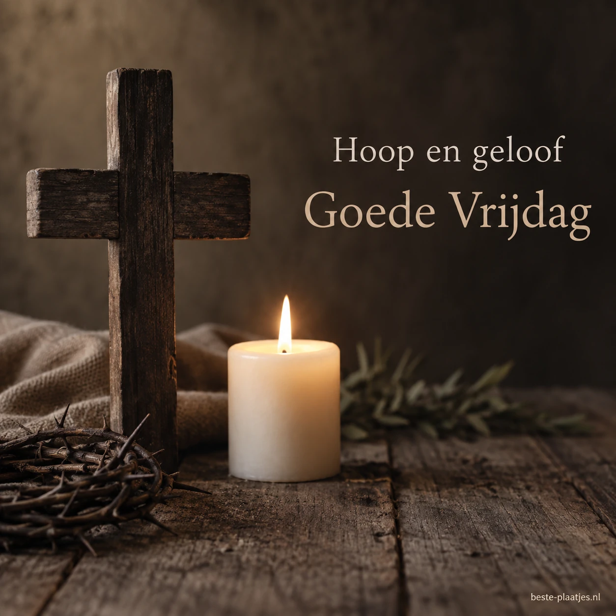 Een houten kruis en brandende kaars staan op een sobere houten tafel. Een houten kruis en brandende kaars staan op een sobere houten tafel.