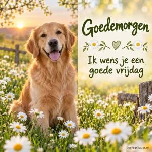 Een goudkleurige hond zit tussen madeliefjes in het ochtendlicht.