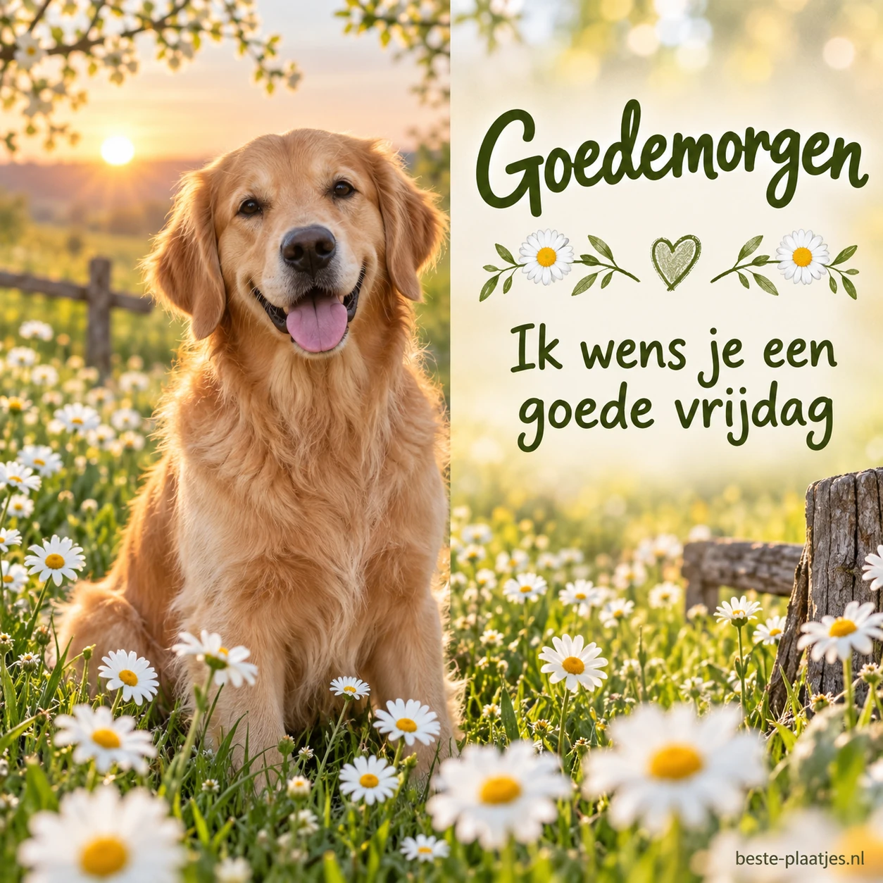 Een goudkleurige hond zit tussen madeliefjes in het ochtendlicht. Een goudkleurige hond zit tussen madeliefjes in het ochtendlicht.