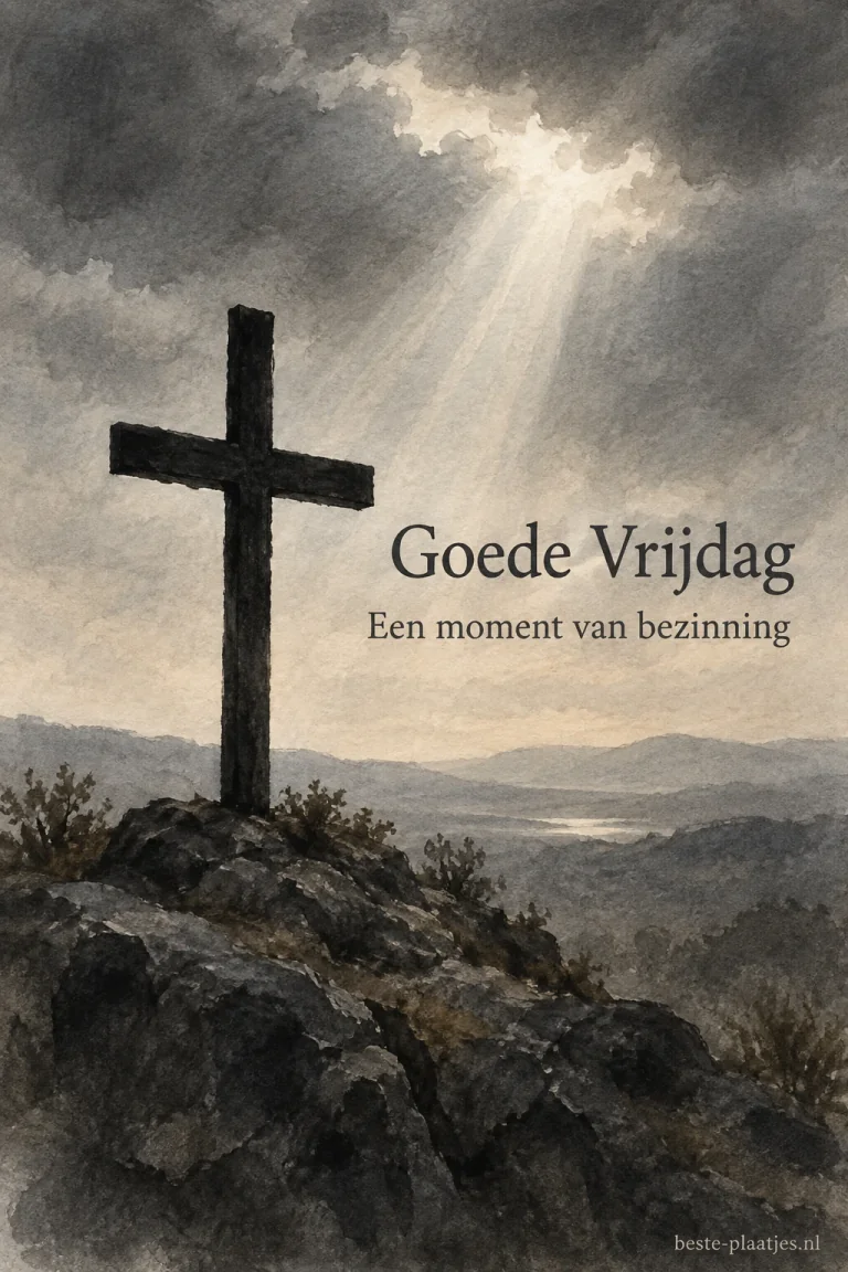 Een donker kruis staat in een grijs aquarellandschap met een lichtstraal.