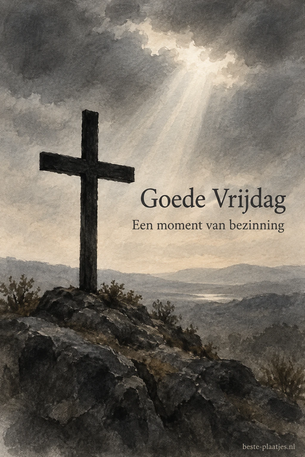 Een donker kruis staat in een grijs aquarellandschap met een lichtstraal. Een donker kruis staat in een grijs aquarellandschap met een lichtstraal.