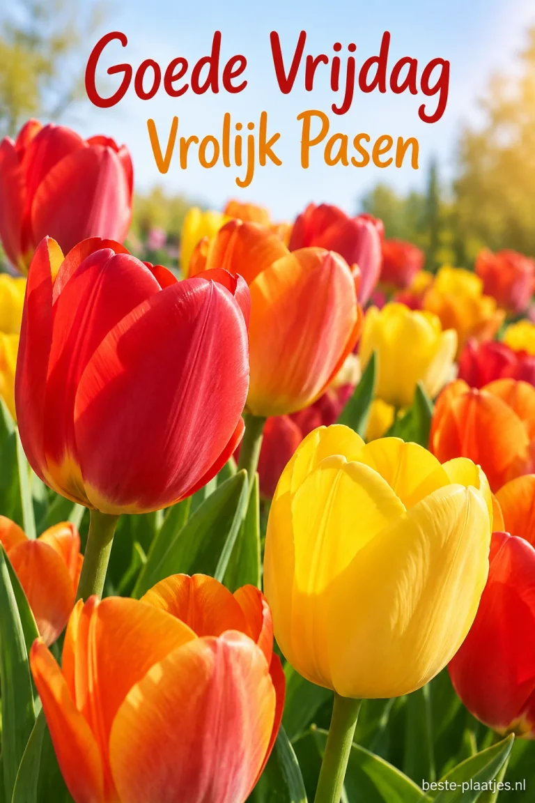 Rode, oranje en gele tulpen bloeien dicht bij elkaar in de zon.