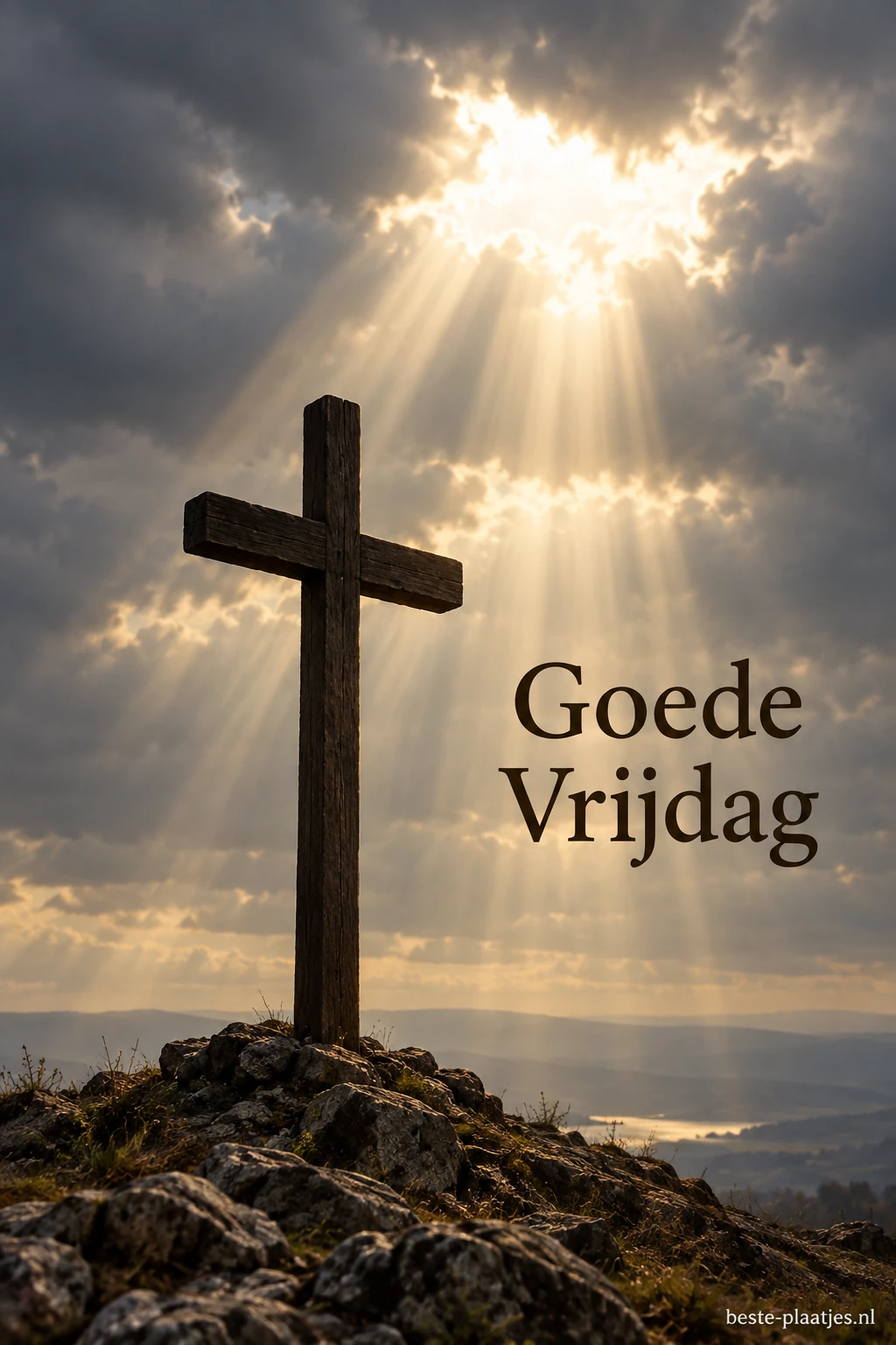 Een houten kruis staat onder een opening in een bewolkte hemel. Een houten kruis staat onder een opening in een bewolkte hemel.