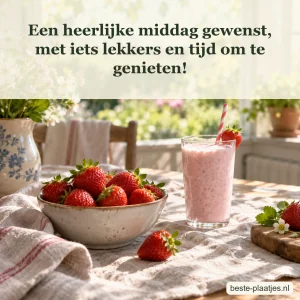 Een schaal aardbeien en een roze smoothie staan in warm middaglicht op tafel.
